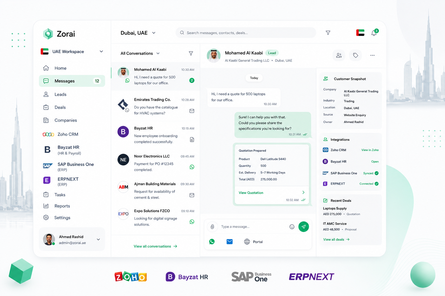 Shams platform lead management interface showing UAE leads from WhatsApp, web and email channels